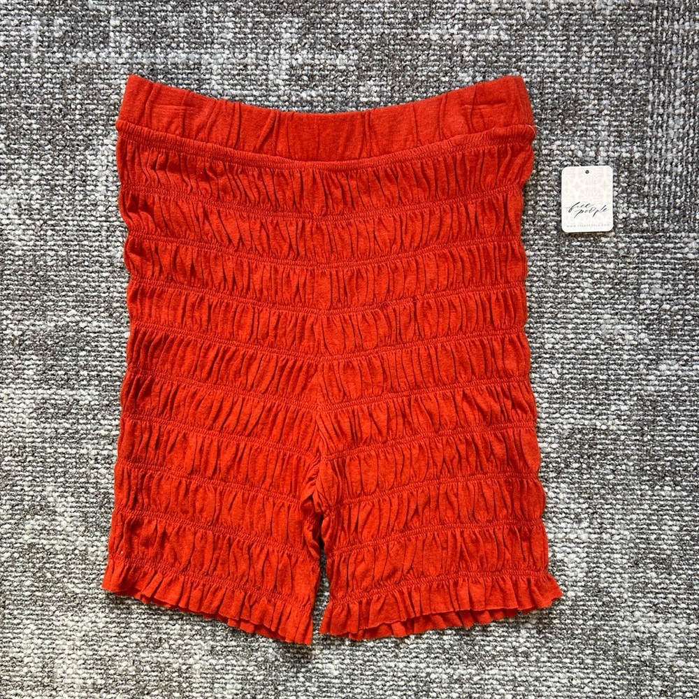Free People Beach Red Orange Smocked High-Waist Ruffle Shorts